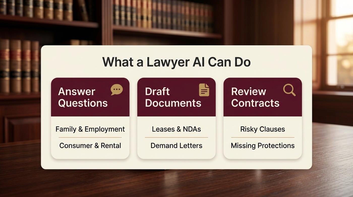 Three cards summarizing a lawyer AI's core jobs: answering questions, drafting documents, and reviewing contracts