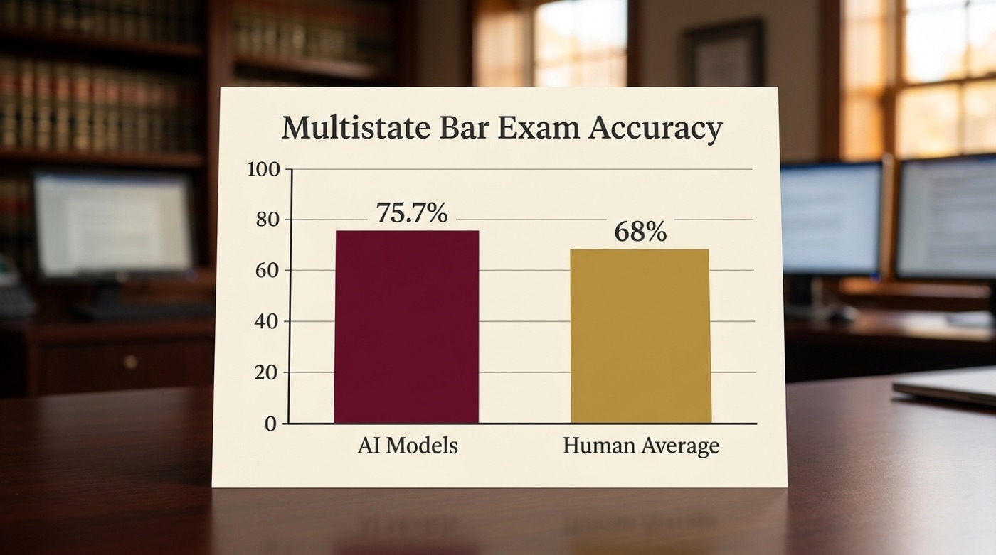 Bar chart comparing Multistate Bar Exam accuracy: AI models at 75.7 percent versus a 68 percent human average