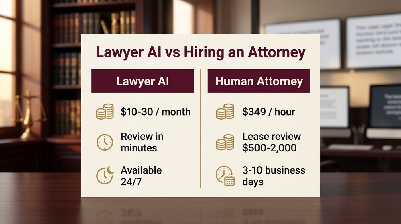Split comparison of cost and speed: a lawyer AI at 10 to 30 dollars a month versus a human attorney at 349 dollars an hour
