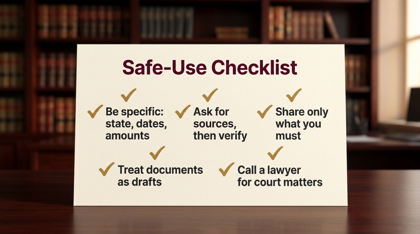 Checklist of five safe-use rules for working with an AI legal assistant