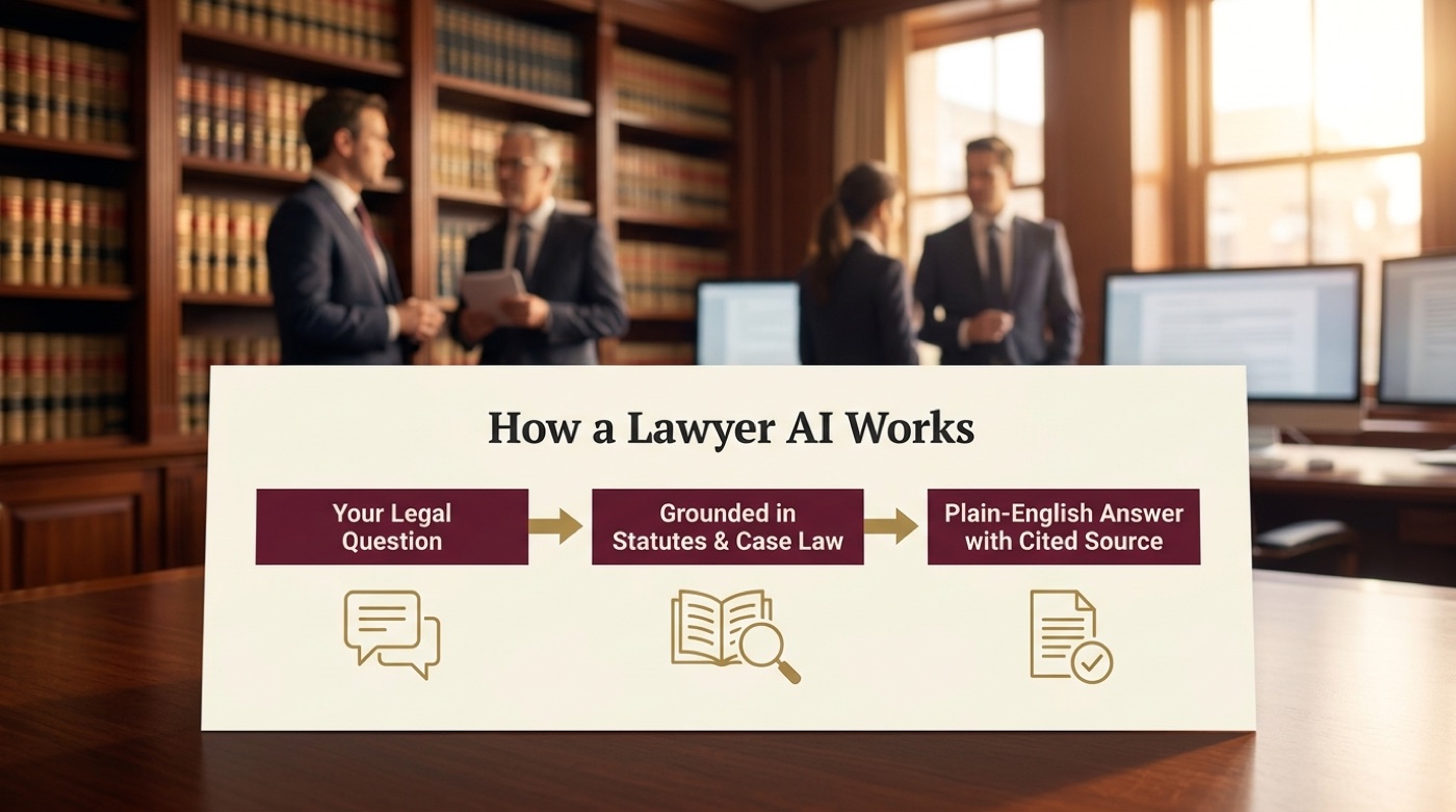 Three-stage schematic showing a legal question grounded in statutes and case law, returning a plain-English answer with a cited source